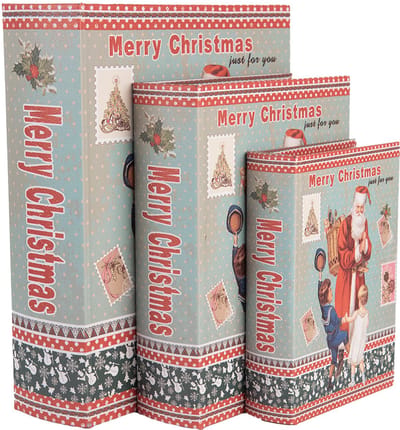Clayre & Eef Opbergdoos Set van 3 Boeken 27 /22 /17 cm Blauw Hout Kerstman