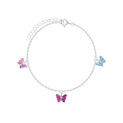 Joy|S - Zilveren vlinder bedel armband - 3 vlinders - kristal roze paars blauw - 14 cm + 2 cm - voor kinderen
