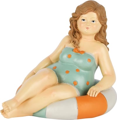 Dekoratief | Stranddame zittend m/zwemband, blauw/oranje, resina, 17x12x13cm | A250512