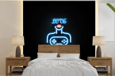 Behang - Fotobehang Neon - Tekst - Love gaming - Blauw - Vrouwen - Breedte 240 cm x hoogte 240 cm