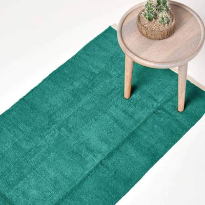 Homescapes Teal chenille vloerkleed met natuurlijke rand van 100% katoen, 66 x 200 cm