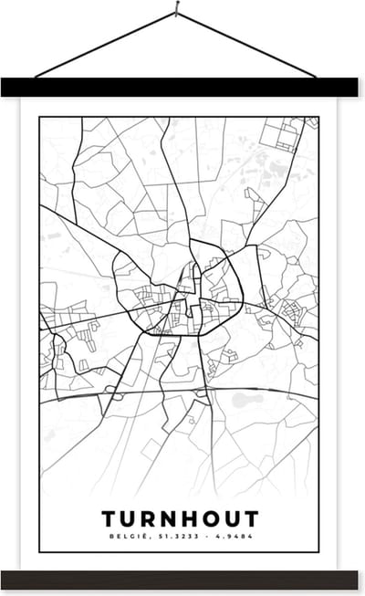 Posterhanger incl. Poster 40x60 cm - Schoolplaat - Stadskaart – Zwart Wit - Kaart – Turnhout – België – Plattegrond - Textielposter - Zwarte latten - Stadskaart