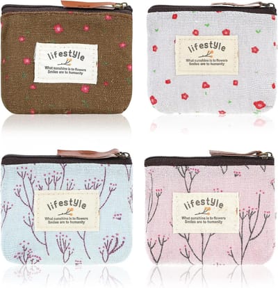 4 stuks mini make-up tas, linnen bloemen make-up tas cosmetische tas met rits draagbare toilettas organizer leuke portemonnee opslag zakje tas stof cosmetische zakje voor meisjes vrouwen, Wit, Blauw,
