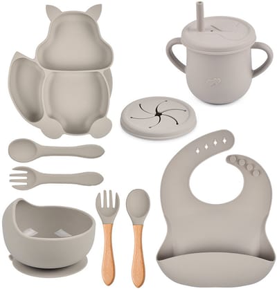 Honeybears – Siliconen kinderservies set 9 delig – Kinderbord zuignap - Kraamcadeau – Siliconen eetset – Baby drinkbeker - BPA vrij – Lichtgrijs