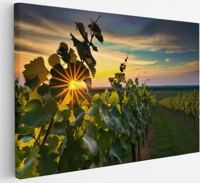 Saammp Canvas Schilderij - Wijngaarde met zonsondergang - Natuur - Landschap - 30x20 - Foto op canvas - Wanddecoratie - Muurdecoratie Woonkamer - Slaapkamer decoratie - Canvas Print