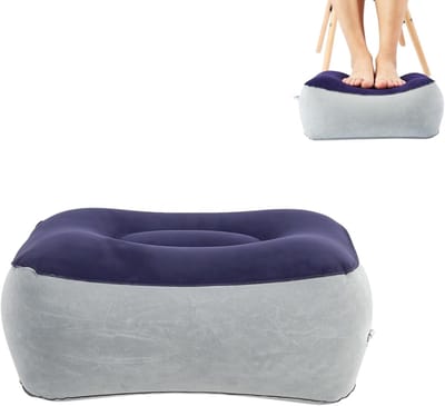 Reis Voetsteun Kussen, Opblaasbaar Flock Voetsteun Kussen met Luchtpomp voor Comfort tijdens Vliegtuigen, Zacht Opblaasbaar Ottoman Kussen (Grijs Blauw)