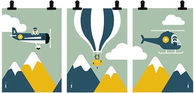 Poster set Vliegtuig Helikopter Luchtballon groen 3x maat A3 – vliegtuig - dieren- kinderkamer - jongenskamer - muurdecoratie - kinderkamerstyling – kinderkameraccessoire
