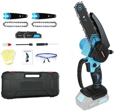 Norvix® Elektrische Mini Kettingzaag – Brushless Snoeizaag – 2 Geleiderail&2 Kettingen– 6 Inch – 2 Accu's – Automatische Smering – Inclusief opbergkoffer en overige accessoires – Blauw