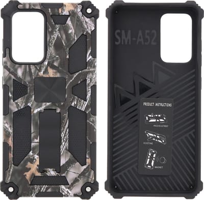Hoesje Geschikt Voor Samsung Galaxy A52 (5G) Hoesje - Rugged Extreme Backcover Takjes Camouflage met Kickstand - Grijs