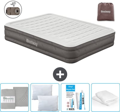 Bestway luchtbed - 2-Persoons - 152 x 203 x 36 cm - Bruin - Inclusief pomp - Hoeslaken - Kussen - Kussenbeschermer en Reparatieset