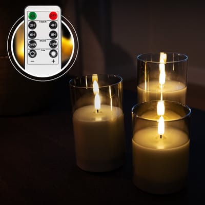 Akaro Oplaadbare LED Kaarsen – 3 LED Kaarsen met Grijs Glas – inclusief afstandsbediening – met oplaadsnoer – 55+ uur brandtijd – veilig en duurzaam – waxinelichtjes – theelichtjes - nep kaarsen
