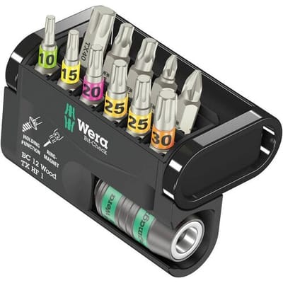 Wera Bit-Check 12 Wood TX HF 1 05057435001 Bitset 12-delig Torx, Kruiskop Phillips, Kruiskop Pozidriv
