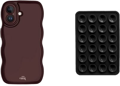 xoxo Wildhearts Telefoonhoesje Glossy Wavy Case Burgundy + Telefoonsticker Stick On Me Square Zwart – geschikt voor iPhone 16