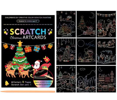 Ainy - Scratch Art Kerst | 9 krastekening incl. scratch pen | Kras tekeningen | Schilderen op kleuren kunst kraskaart | hobby & creatief voor volwassenen en kinderen | Knutselen - ontspanningspakket | DIY cadeau kaarten schilderijen set nummer 9