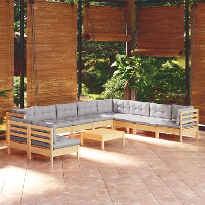 vidaXL - 11-delige - Loungeset - met - grijze - kussens - massief - grenenhout