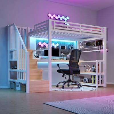 DESMIU Hooibed 90 x 200 cm - Hoogslaper Met Bureau, Plank En Ophanggitter - Met Ledverlichting En Usb-C - Voor Kinderkamer - Metaal En MDF - Wit - Zonder matras