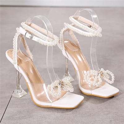 Sandales à talons hauts en cristal et perles pour femmes, 11 cm, à lanières, pour strip-teaseuses, pour l'été, pour mariage, chaussures à talons transparents 38 blanc