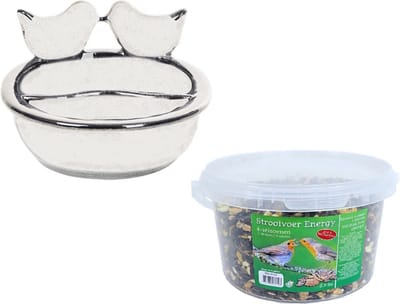 Vogelvoeder- en drinkschaal wit keramiek 21 cm inclusief 4-seizoenen energy vogelvoer - Vogel voederstation - Vogelvoederhuisje