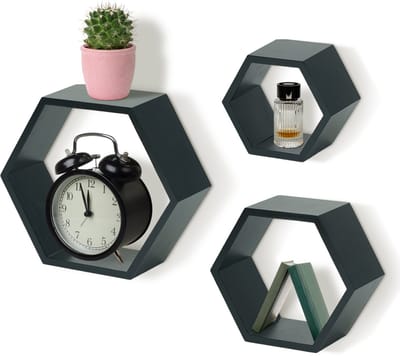 IvoQ Hexagon Wandplanken – Zwart – Set van 3 – Zwevende Wandplanken – Grenenhout – Modern Scandinavisch Design