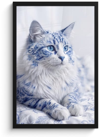 Poster in lijst - Fotolijst 40x60 cm - Posters - Kat - Patroon - Blauw - Posterlijst zwart - Decoratie - Wanddecoratie woonkamer - Muurdecoratie slaapkamer