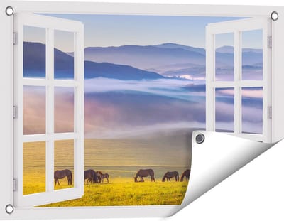 Gards Tuinposter Doorkijk Kudde Wilde Paarden in de Wei bij Heuvels - 60x40 cm - Tuindoek - Tuindecoratie - Wanddecoratie buiten - Tuinschilderij