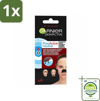 1 x Garnier - Pure Active - Anti-Mee-Eters Strips - Charcoal - Neus, Voorhoofd & Kin - 4 Strips - Anti-Mee-Eters Strips - Houtskoolstrips - Poriënreiniging - T-Zone - Huidverzorging