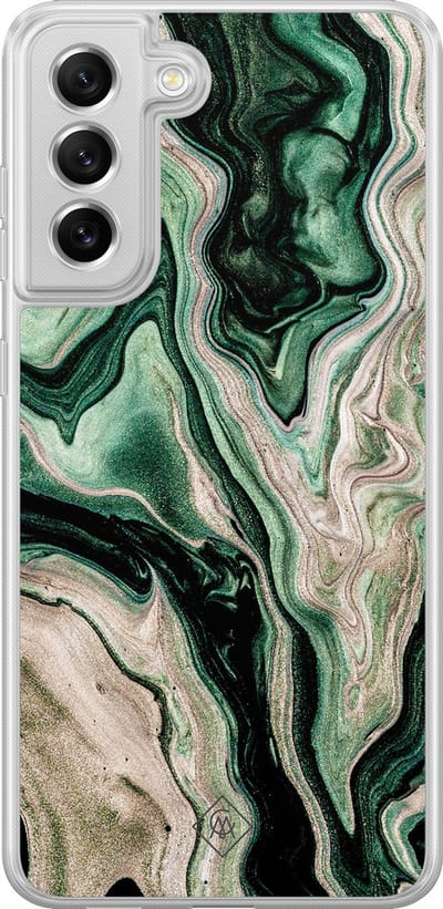 Casimoda® hoesje - Geschikt voor Samsung Galaxy S21 FE - Groen marmer / Marble - 2-in-1 case - Schokbestendig - Marble design - Verhoogde randen - Groen, Transparant