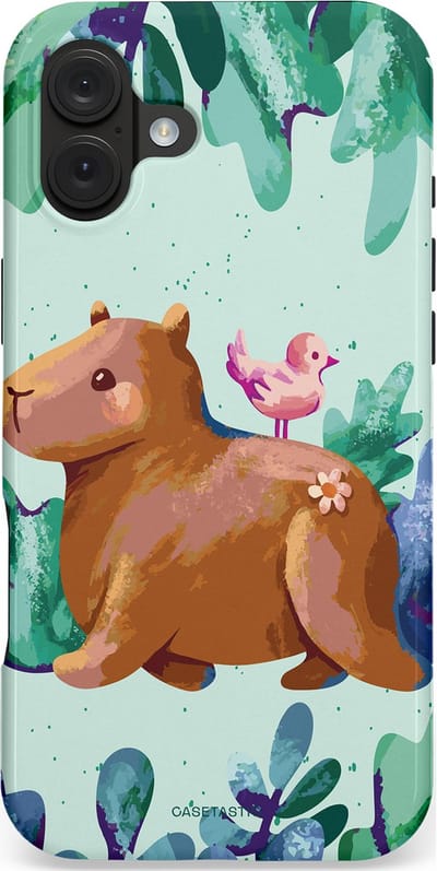 Casetastic hoesje geschikt voor Apple iPhone 16 Plus - MagSafe - Dubbellaagse bescherming - Capibara Vogeltjes Vriend - Fashion Case - Lichtgrijs Petrol Mintgroen Bruin