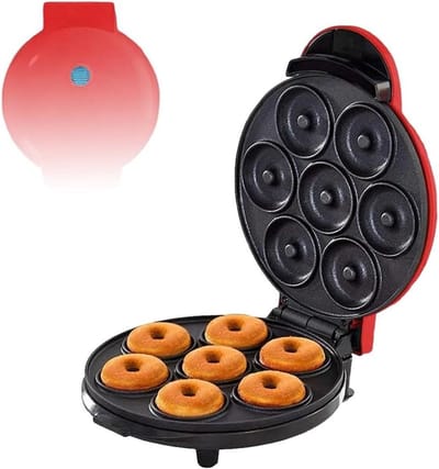 Mini Donut Maker - Snack Machine - Thuis Ontbijt Maken - Dubbelzijdige Verwarming - 7 Gaten - Rood