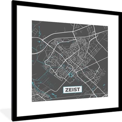 Fotolijst incl. Poster - Plattegrond - Zeist - Grijs - Blauw - 40x40 cm - Posterlijst - Stadskaart