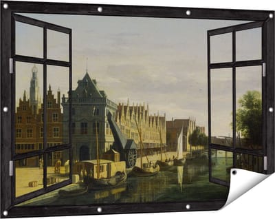 Gards Tuinposter Doorkijk De Waag en de Kraan aan het Spaarne te Haarlem - Gerrit Adriaensz Berckheyde - 120x80 cm - Tuindoek - Tuindecoratie - Wanddecoratie buiten - Tuinschilderij