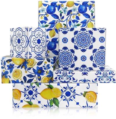 Allecto - Blauwe Tegels Citroen Inpakpapier - Vintage Blauw en Wit - Chinoiserie Aquarel - 50x70cm - Voor Verjaardag en Bruiloft - Cadeaupapier