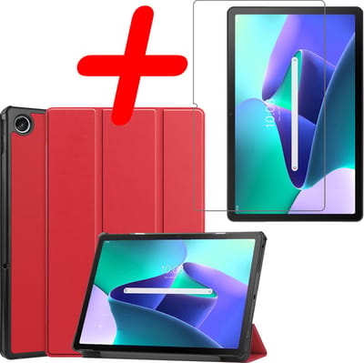 Hoesje Geschikt voor Lenovo Tab M10 Plus (3e / 3rd Generatie) - Met Screenprotector - Trifold Bookcase - Hard Cover - Hardcover Book Case - Tablet Hoes - Rood