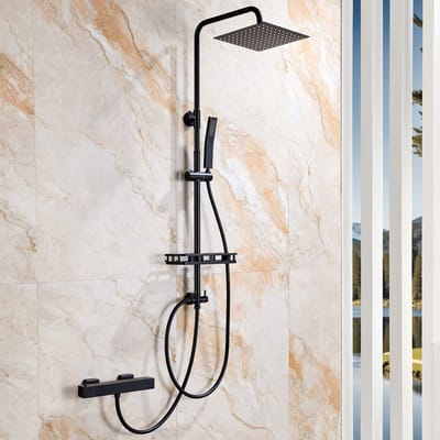 Auralum max Regendouche met Thermostaatkraan - Ø 25 cm Douchekop en Handdouche - Inclusief Plankje en Thermostatische - Doucheset - Vierkant Design - Waterbesparend - Zwart