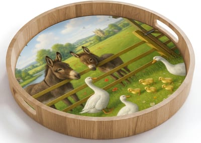 Dienblad rond 40x40 cm - Schootdienblad hout - Ezels - Ganzen - Kleurrijk - Borrelplank rechthoek - Plateau houten dienbladen