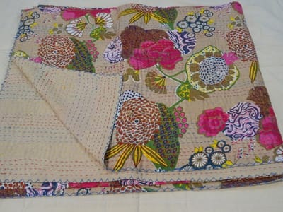 Aziatische Textiel 100% Katoen Quilt Bloemen Patroon Thuis Décor Kantha Omkeerbare Bedsprei Queen Size Stitch Gudri 101" X 91" inch 005
