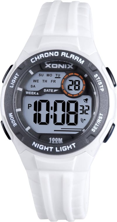 Xonix BBO-001 - Horloge - Polshorloge - Digitaal - Kinderen - Unisex - Rond - Siliconen band - ABS - Schermverlichting - Alarm - Datumaanduiding - Start-Stop - Tweede tijdzone - 12/24H - Chronograaf - Wit - Zwart
