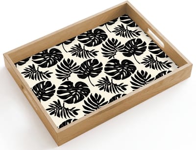 Dienblad hout 40x30 cm - Schootdienblad - Modern - Monstera - Zwart - Borrelplank rechthoek - Plateau dienbladen