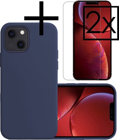 Hoesje - Met 2x Screenprotector - Geschikt voor Apple iPhone 13 Mini - Sterk & Shockproof - Back Cover - Siliconen Case - Telefoon Hoes - Donkerblauw