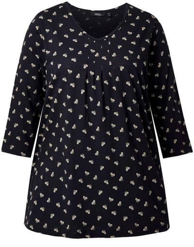 Ulla Popken - Dames - Shirt bloemen A-lijn V-hals 3/4-mouwen - Zwart - Maat 46+