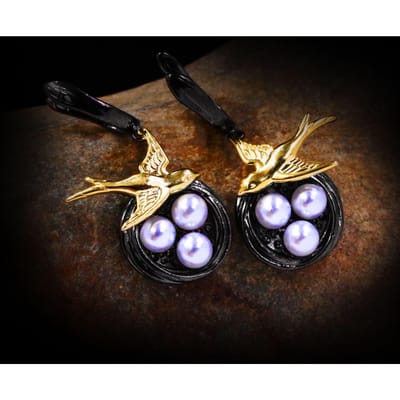 Boucles d'oreilles pendantes créatives rétro noir et or avec oiseau moineau pie branche perle 925 Bijoux animaux pour femmes