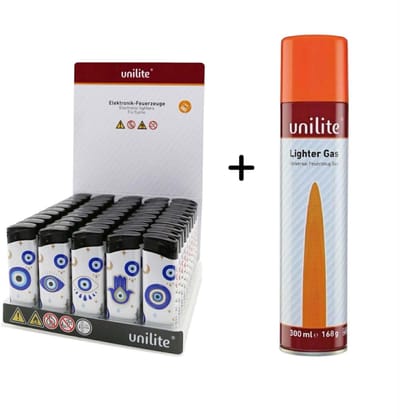 Aanstekers - 50 STUKS in tray - Unilite - Fatima Hand Print - navulbaar klik aansteker + gas fles