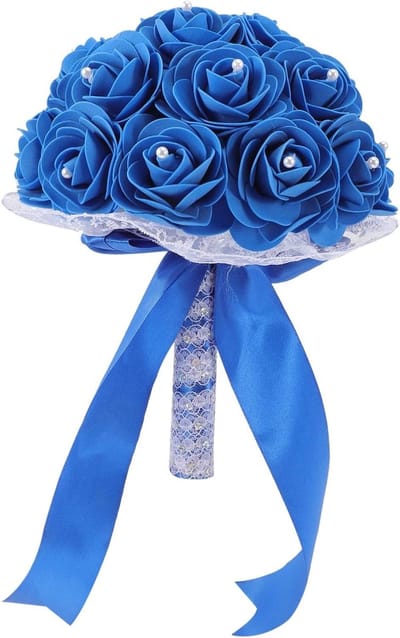 Bruidsboeket - Bruidsbloemen - Bruiloft decoratie - Handgemaakt met kant - 26 cm lengte - Blauw