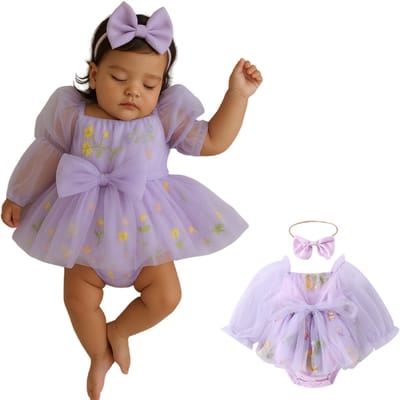 Joya Kids® Baby Meisjes Prinsessenjurk met Bloemen en Haarband | Feeën Tule Feestjurk lange mouwen voor Verjaardag, Bruiloft, Doop of Fotoshoot | Baby Foto Outfit | Photoshoot Peuter | Zacht Lila | Met Haarband | 6 Maanden tot 3 Jaar | Maat 74