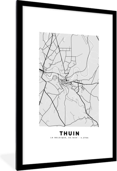 Fotolijst incl. Poster Zwart Wit- België – Thuin – Stadskaart – Kaart – Zwart Wit – Plattegrond - 60x90 cm - Posterlijst