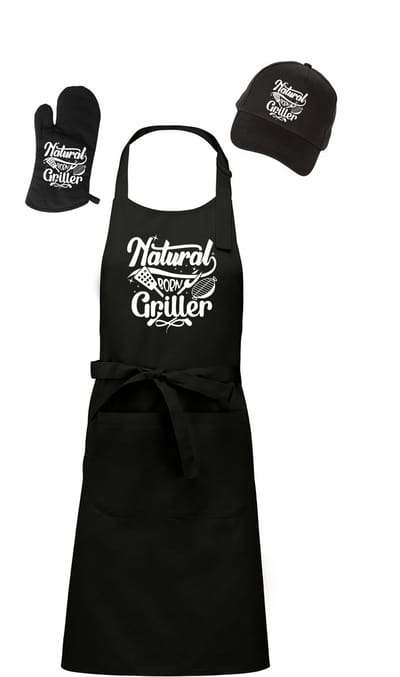 Mijncadeautje - Barbecue Voordeelset - BBQ Schort + BBQ Handschoen + BBQ Cap - Natural Born Griller - zwart