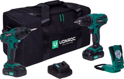 VONROC Gereedschapsset VPower 20V – Accuboormachine, Slagschroevendraaier, LED-Werkverlichting, 2x 2.0Ah accu en Snellader