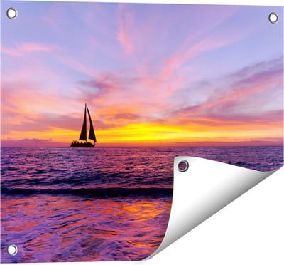 Gards Tuinposter Zeilboot Silhouet bij Zonsondergang - 50x40 cm - Tuindoek - Tuindecoratie - Wanddecoratie buiten - Tuinschilderij