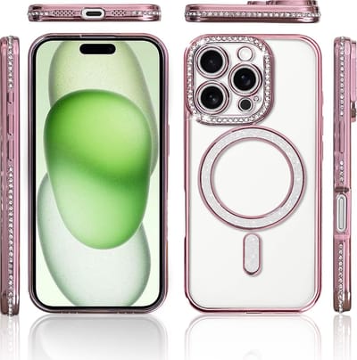 Hoesje Geschikt voor iPhone 15 Magsafe hoes Lens beschermer Rose Goud – Luxe bling sprankelende diamant backcover