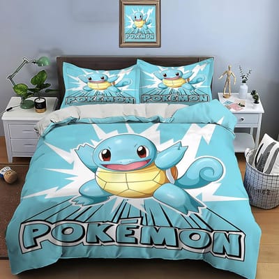 10 maten Pokémon Squirtle beddengoedset, 3-delige set, kingsize kussensloop, bedsprei voor volwassenen, slaapkamerbeddengoedset, ideaal als cadeau. EU Double(200*200cm)3pcs